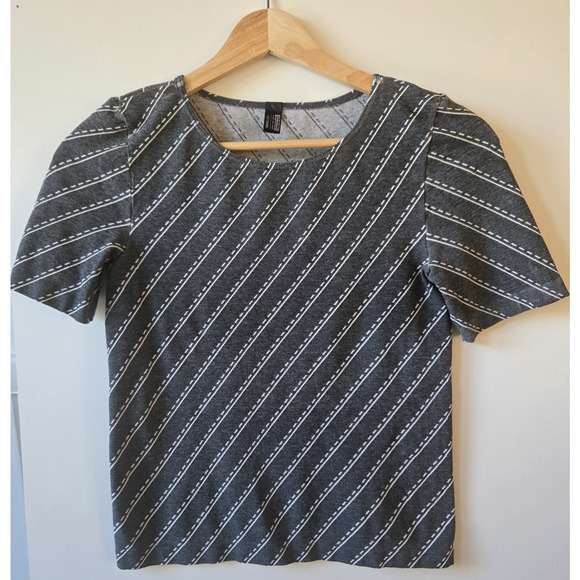 Wolford Vintage Y2K Top Womens Small Gray Striped Stretch Cropped 90s Baby Tee - Picture 1 of 6